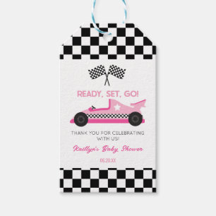 Étiquettes-cadeau Pink Black Race Car Ready Set Go Baby shower