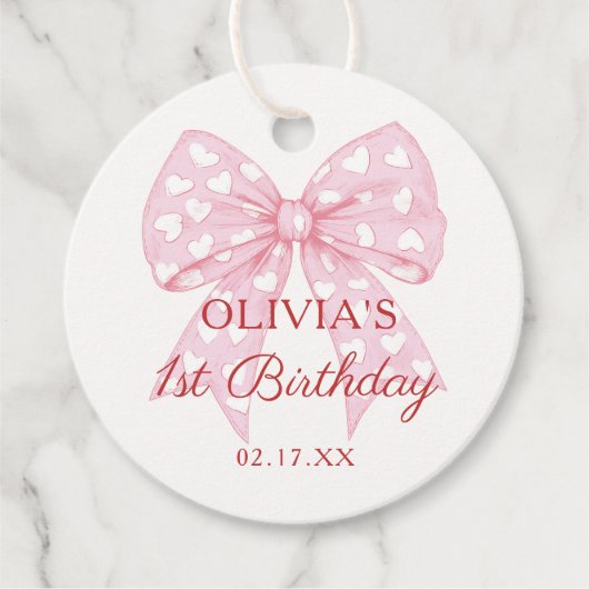 Étiquettes Cadeau Pink Bow Fille amoureuse 1er anniversaire (Devant)