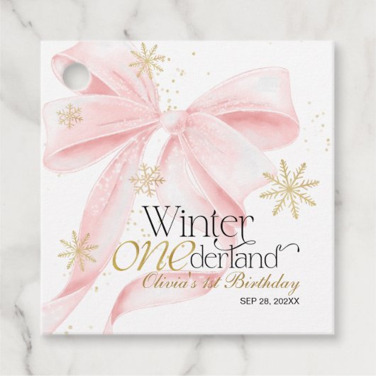 Étiquettes Cadeau Pink Bow Winter Onederland 1st Birthday (Devant)