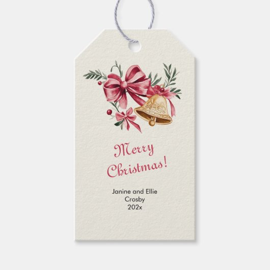 Étiquettes-cadeau Pink Bows Gold Bells Noël (Devant)