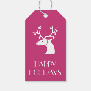 Étiquettes-cadeau Pink Christmas White Reinder Message personnalisé