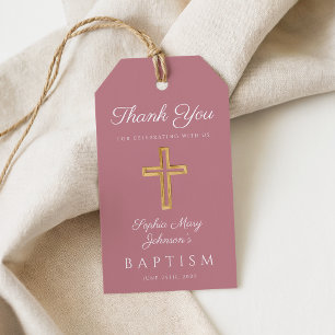 Étiquettes-cadeau Pink Dusty Rose Religious Cross Girl Baptism
