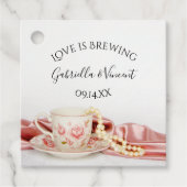 Étiquettes Cadeau Pink Floral Tea Cup Pearls L'amour brasse Mariage (Devant)