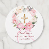 Étiquettes Cadeau Pink floral wreath bow First Communion DIY (Devant)
