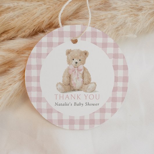 Étiquettes Cadeau Pink Gingham Teddy Bear Baby Shower