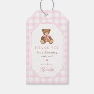Étiquettes-cadeau Pink Gingham Teddy Bear Beary First Birthday