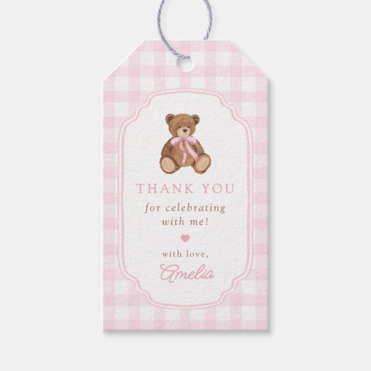 Étiquettes-cadeau Pink Gingham Teddy Bear Beary First Birthday (Devant)