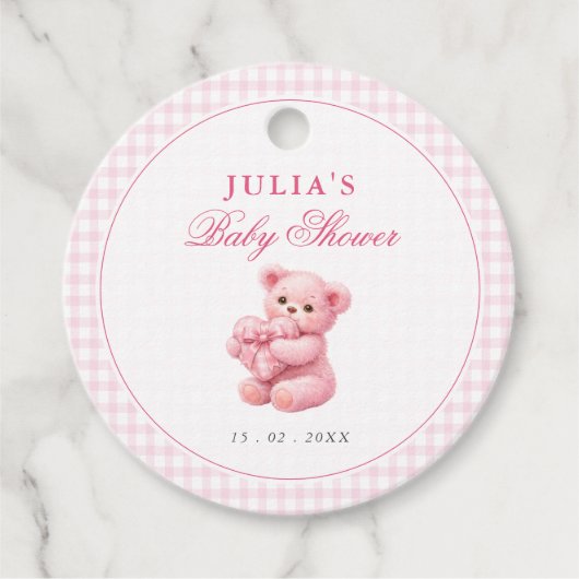 Étiquettes Cadeau Pink Gingham Teddy Bear Neutral Baby Shower (Devant)