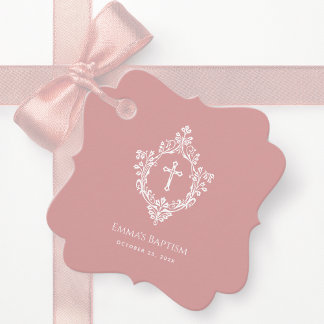 Étiquettes Cadeau Pink Girl Baptism Dusty Rose Elegant Cross & Crest
