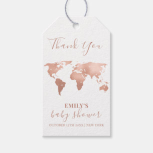 Étiquettes-cadeau Pink Gold World Map Voyage Baby shower d'aventure