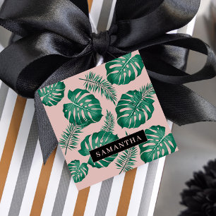 Étiquettes Cadeau Pink & Green Palm Feuille Motif & nom