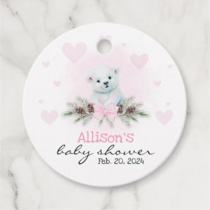 Étiquettes Cadeau Pink Polar Bear Cub Girl Heart Baby shower d'hiver