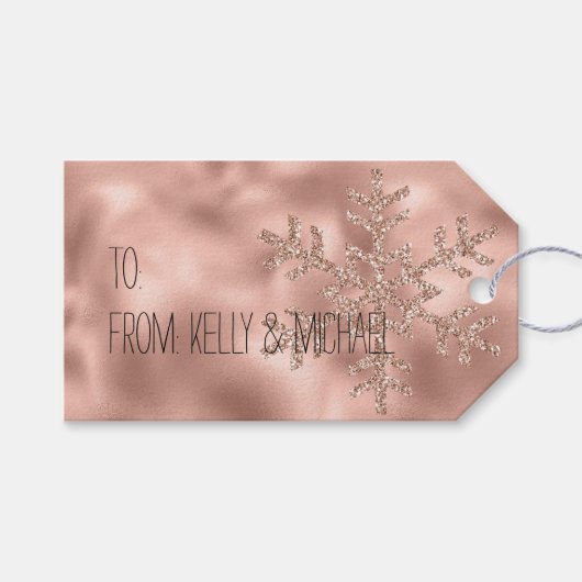 Étiquettes-cadeau Pink Rose Gold Glam Parties scintillant Snowflake (Devant (Horizontal))