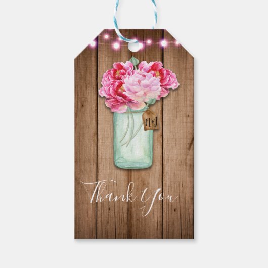 Étiquettes-cadeau Pink String Lights & Mason Jar Flowers Rustic Wood (Devant)