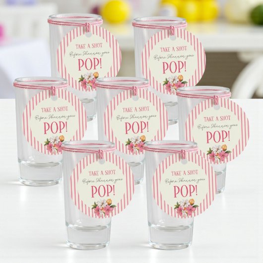 Étiquettes Cadeau Pink Stripes Floral "Take A Shot Before She Pops!"