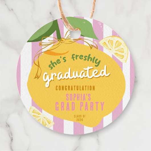 Étiquettes Cadeau Pink Stripes Lemons Yellow Bow Graduation