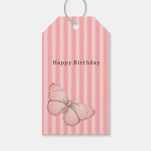 Étiquettes-cadeau Pink Stripes with Butterfly Birthday (Devant)