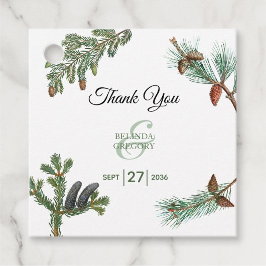 Étiquettes Cadeau Pins rustiques Mariage de verdure forestière (Devant)