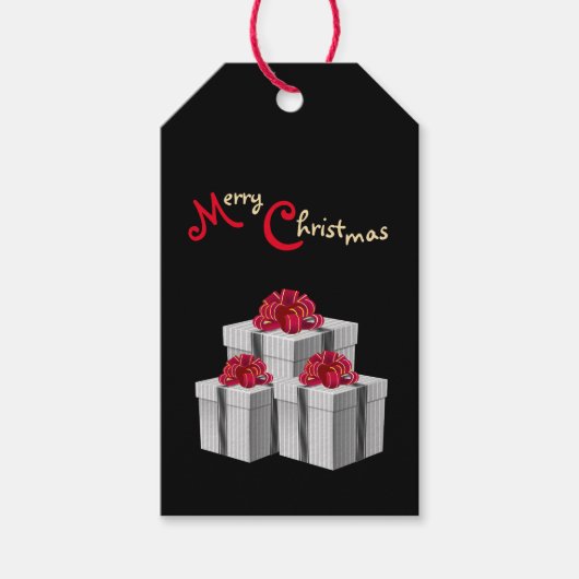 Étiquettes-cadeau Pinstripe blanc gris présente Bow rouge sur noir (Devant)