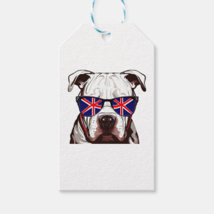 Étiquettes-cadeau Pitbull portant des lunettes de soleil Union Jack