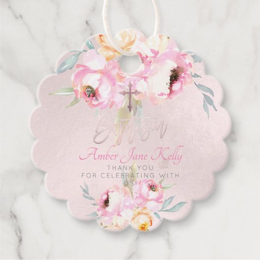 Étiquettes Cadeau PixDezines Aquarelle Baptême Blush Merci (Devant)