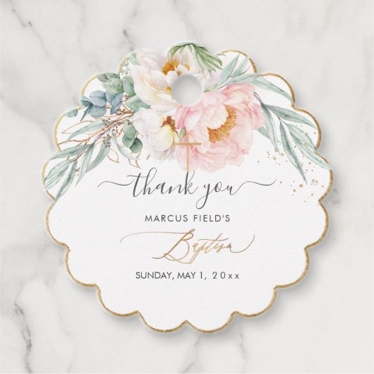 Étiquettes Cadeau PixDezines H2 Peonies Eucalyptus Baptême (Devant)