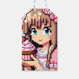Étiquettes-cadeau Pixel Art Girl's rose Birthday Girl