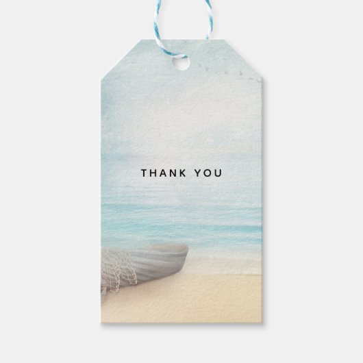 Étiquettes-cadeau Plage côtière avec Merci de bateau de pêche (Devant)