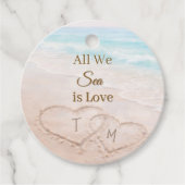 Étiquettes Cadeau Plage de mariage coeurs sable monogrammé (Devant)