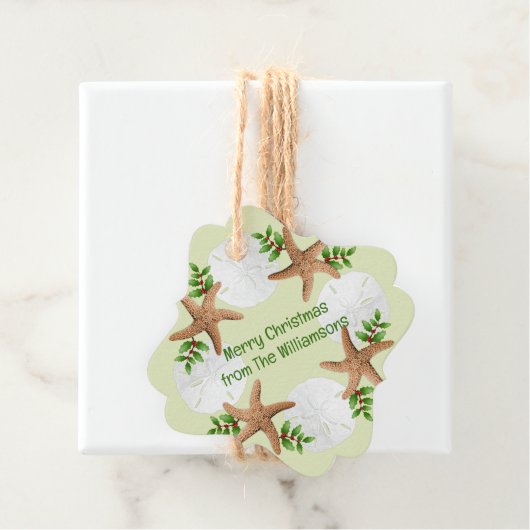 Étiquettes Cadeau Plage Mer Wreath et Noël de voeux (En situation)