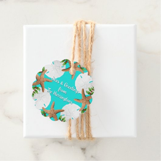 Étiquettes Cadeau Plage Mer Wreath et Noël de voeux (En situation)