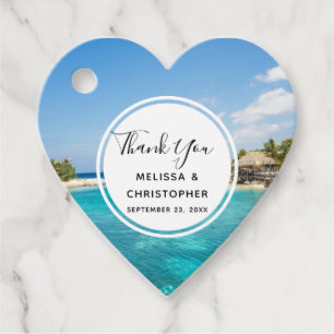 Étiquettes Cadeau Plage tropicale pittoresque avec Merci de paillote