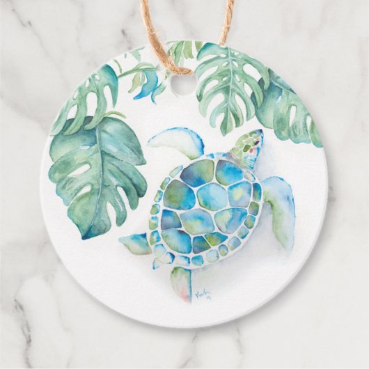 Étiquettes Cadeau Plage Tropicale Tortue de Mer Turquoise Aquarelle (Devant)
