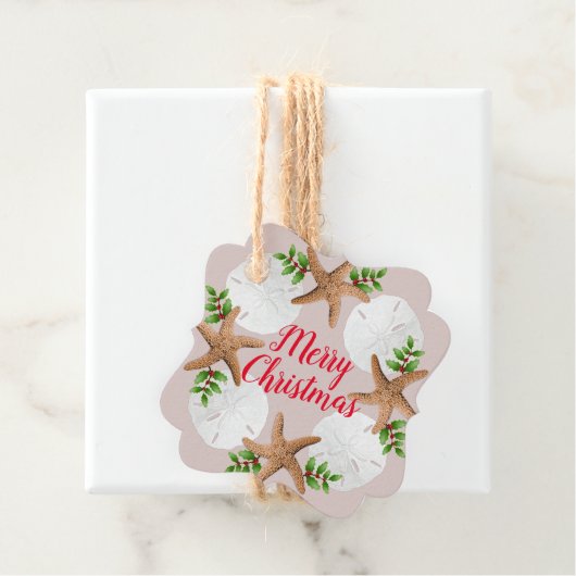 Étiquettes Cadeau Plage Wreath Dollars de sable Starfish Noël (En situation)