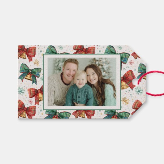 Étiquettes-cadeau Plaid Bows Bells Photo Noël (Devant (Horizontal))