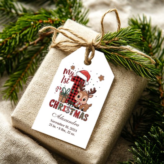 Étiquettes-cadeau Plaid Reindeer First Christmas