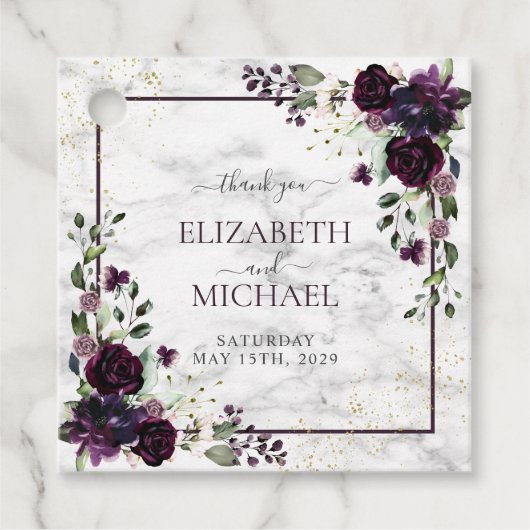 Étiquettes Cadeau Plum violet or marbre Aquarelle Mariage de automne (Devant)