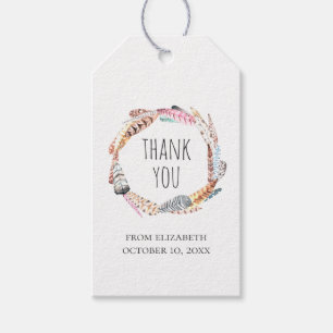 Étiquettes-cadeau Plumes de saumons d'aquarelle. Anniversaire merci