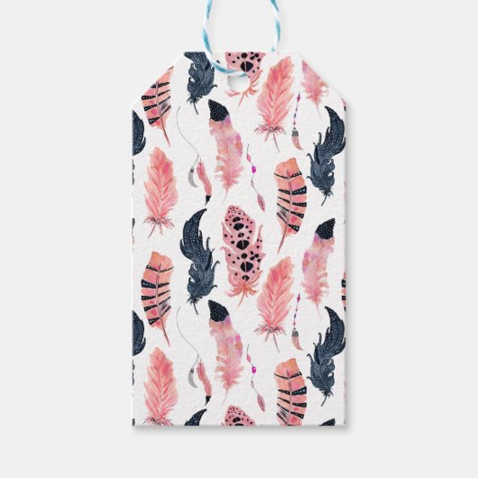 Étiquettes-cadeau Plumes rose Boho (Devant)