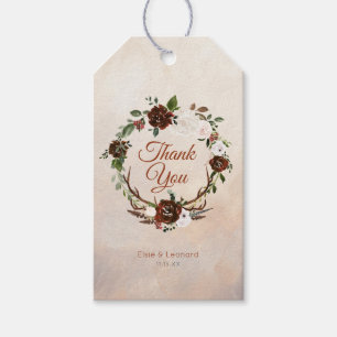 Étiquettes-cadeau Plumes rustiques de bois et fleurs florales