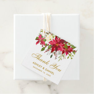 Étiquettes Cadeau Poinsettia Carré Floral Mariage or Merci