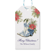 Poinsettia Cowgirl Boot Christmas Gift Tag