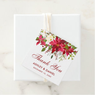 Étiquettes Cadeau Poinsettia Floral Carré Merci Mariage rouge