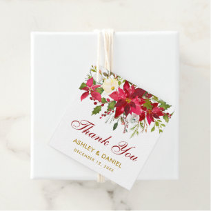 Étiquettes Cadeau Poinsettia Mariage Floral Merci Rouge Or