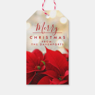 Étiquettes-cadeau Poinsettias rouges avec Golden Bokeh Noël