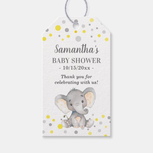 Étiquettes-cadeau Points gris Jaune Eléphant Baby shower Invité Favo (Devant)
