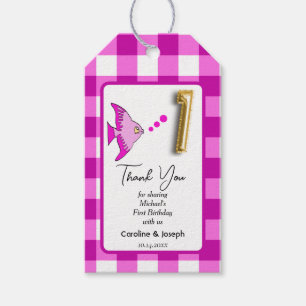 Étiquettes-cadeau Poisson Tropical, En vichy rose Merci