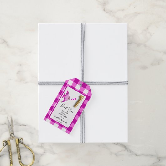 Étiquettes-cadeau Poisson Tropical, En vichy rose Merci (Avec de la ficelle)