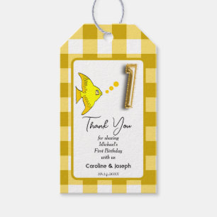 Étiquettes-cadeau Poisson Tropical, Gingham Jaune Anniversaire Merci