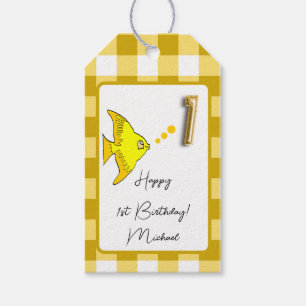 Étiquettes-cadeau Poisson Tropical Gingham Jaune Joyeux 1er Annivers